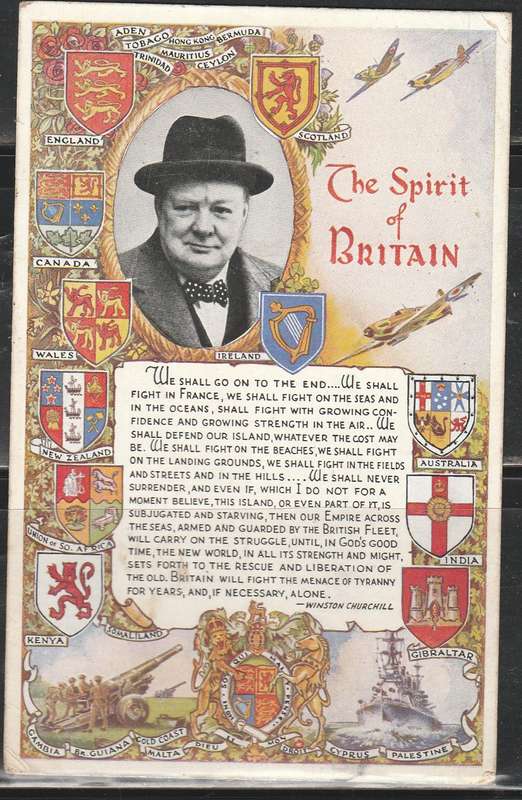 THE SPIRIT OF BRITAIN COLOUR POST CARD SPEACH BY WINSTON CHURCHHILL LOOK SCAN X2