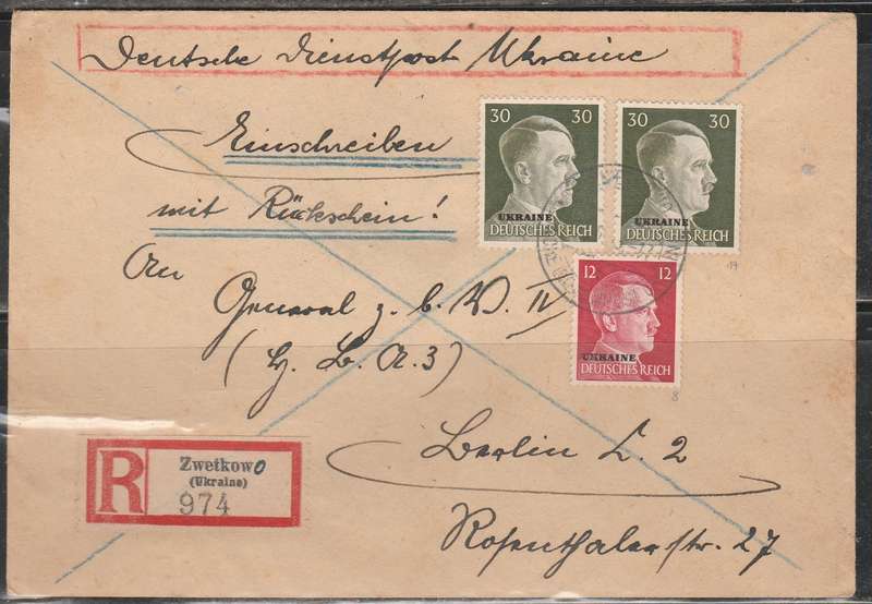 COVER TO BERLIN FROM UKRAINE 1943 FRANKED WITH HITLER OVER PRINTS LOOK SCAN X 2