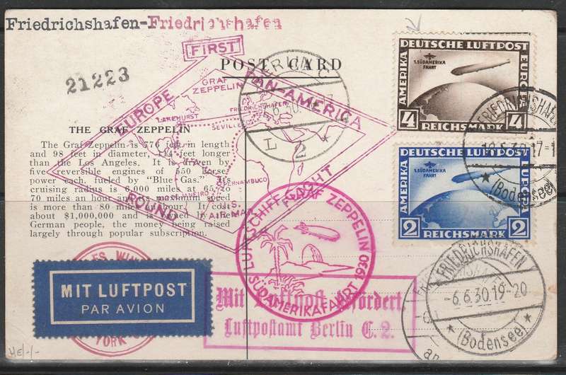 A LOVELY FLIGHT POST CARD ZEPPELIN AROUND THE WORLD WITH SUPER CACHETS AND VARIETY ON TH 4Mk TOPS