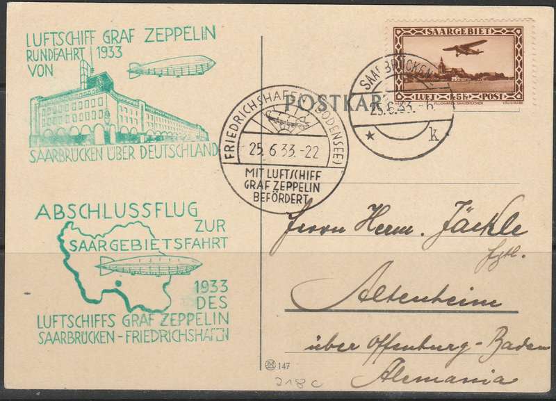 GERMAN ZEPPELIN SAARGEBIETSFAHRT 1933 GERAT CACHETS APPLIED AND 5Fr FRANKED AIRMAIL LOOK SCAN