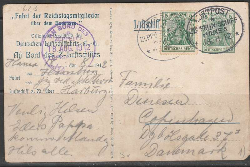 POST CARD SHOWING ZEPPELIN JETPOST 1912 MAILED ON BOARD SCARCE CANCELS LOOK SCANS X2
