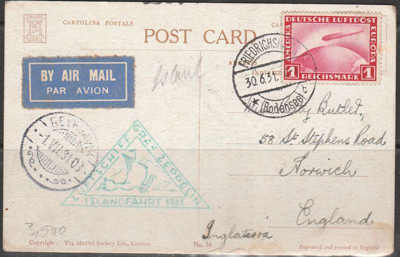 A LOVELY FLIGHT POST CARD ZEPPELIN FROM GERMANY TO ENGLAND 1931 SUPER CACHET APPLIED ISLAND FLIGHT