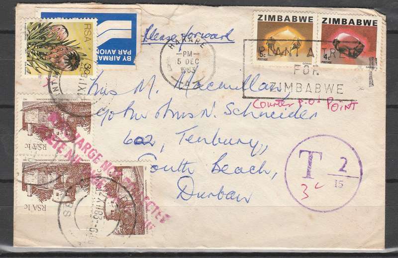 ZIMBABWE COVER TO S.A. REDIRECTED AND THEN TAXED CACHETS APPLIED LOOK SCAN X2
