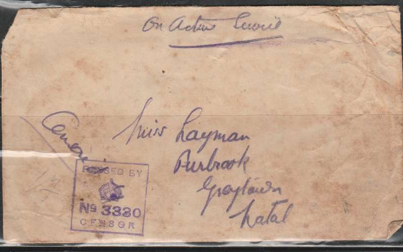 ON ACTIVE SERVICE TO GREYTOWN CENSOR STRIKE FRONT NO3330 BACK NO 71 LETTER ENCLOSEDLOOK SCAN X 2