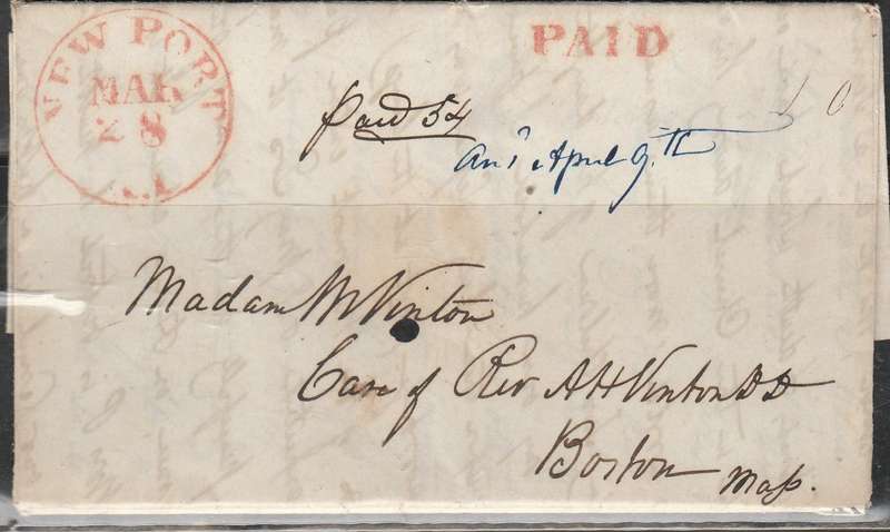 GREAT BRITIAN FOLDED FULL LETTER 1844 WITH LOVELY RED CANCELLATION AND PAID FROM NEW PORT TO BOSTON