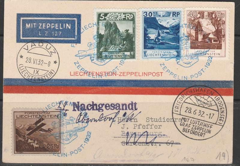 GERMAN ZEPPELINPOST LIECHTENSTEIN 1932 FROM VADUZ  WITH ZEPPELIN 127 SUPER CACHETS WITH SEIGER STAMP