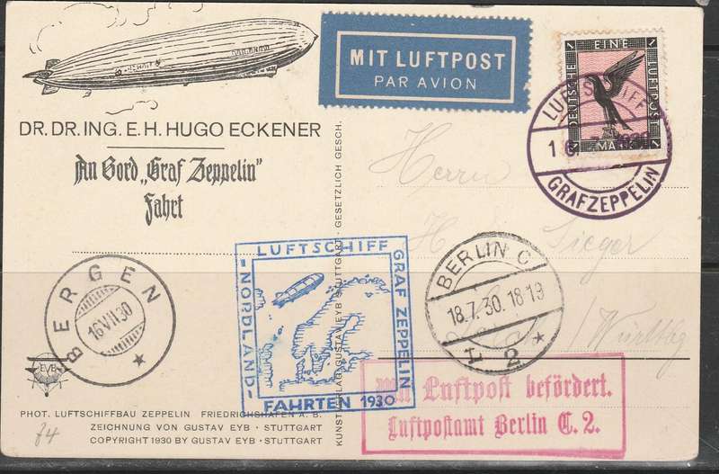 ZEPPELIN POST CARD USED 1930 FLOWN BY E.H. HUGO ECKENER  LOVELY CACHETS APPLEID LOOK SCAN X 2
