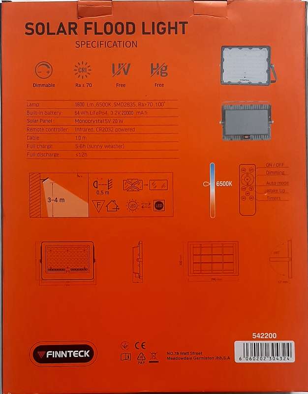 FINNTECK 1600lm 200W SOLAR POWERED FLOODLIGHT