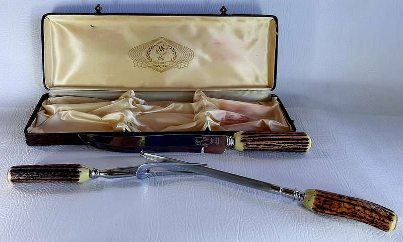 VINTAGE GLO HILL BONE HANDLE CARVING SET