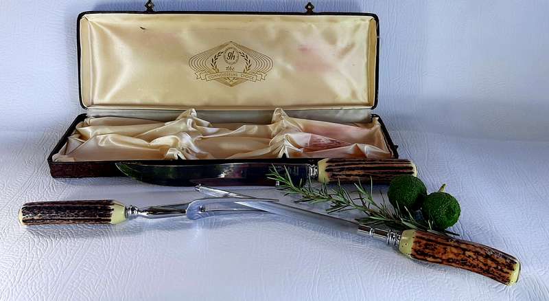 VINTAGE GLO HILL BONE HANDLE CARVING SET