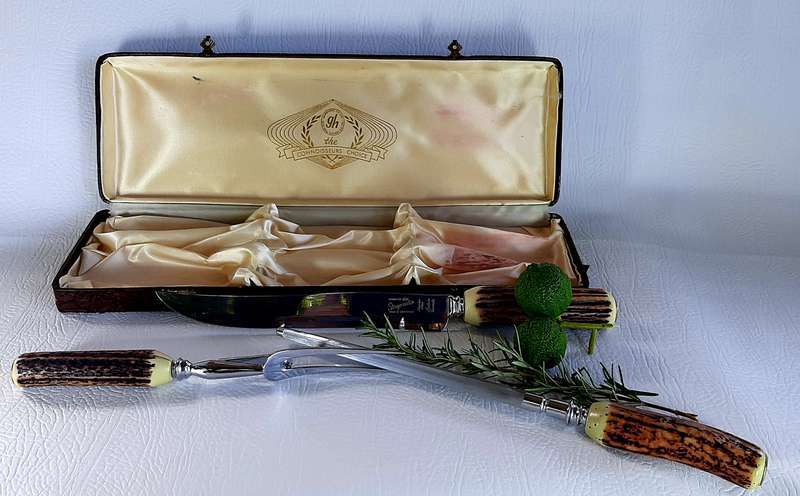 VINTAGE GLO HILL BONE HANDLE CARVING SET