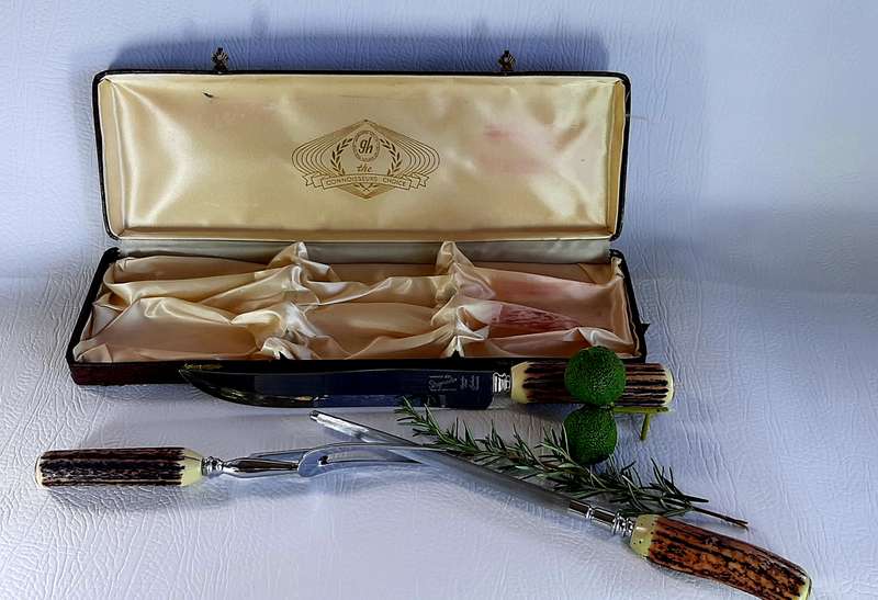 VINTAGE GLO HILL BONE HANDLE CARVING SET