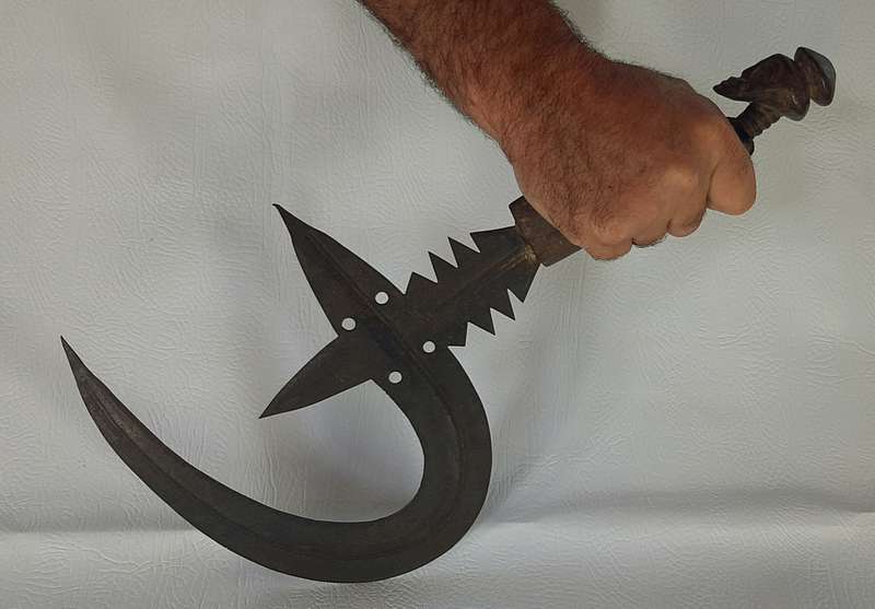 RARE 19TH-CENTURY DECORATIVE SCYTHE WITH ORNATE CARVED HANDLE