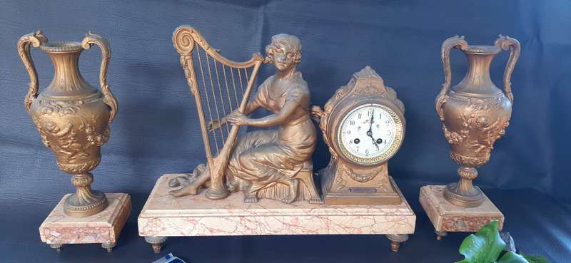 ANTIQUE (EARLY 1900'S) PEWTER & MARBLE CLOCK SET - "MELODIE" BY A. RICHIR