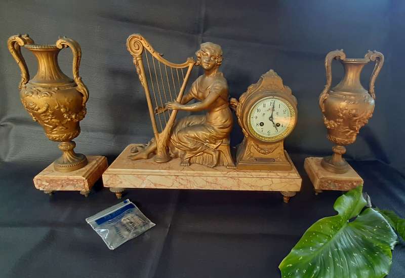 ANTIQUE (EARLY 1900'S) PEWTER & MARBLE CLOCK SET - "MELODIE" BY A. RICHIR