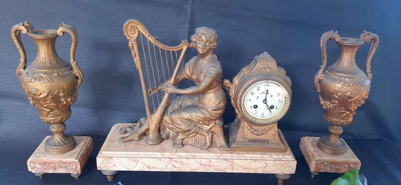 ANTIQUE (EARLY 1900'S) PEWTER & MARBLE CLOCK SET - "MELODIE" BY A. RICHIR