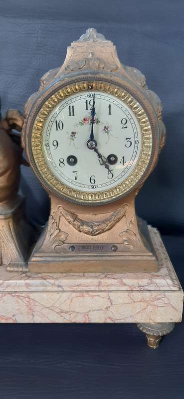 ANTIQUE (EARLY 1900'S) PEWTER & MARBLE CLOCK SET - "MELODIE" BY A. RICHIR