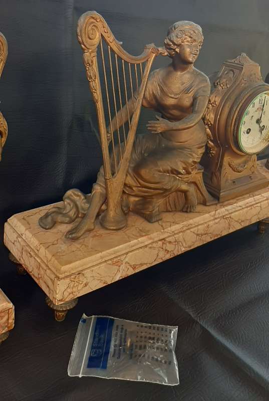 ANTIQUE (EARLY 1900'S) PEWTER & MARBLE CLOCK SET - "MELODIE" BY A. RICHIR