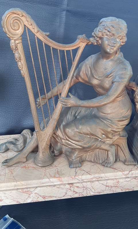 ANTIQUE (EARLY 1900'S) PEWTER & MARBLE CLOCK SET - "MELODIE" BY A. RICHIR