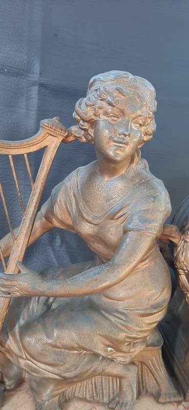 ANTIQUE (EARLY 1900'S) PEWTER & MARBLE CLOCK SET - "MELODIE" BY A. RICHIR