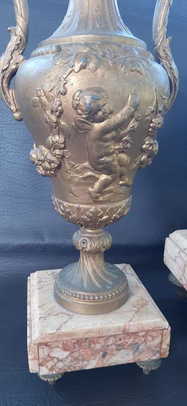 ANTIQUE (EARLY 1900'S) PEWTER & MARBLE CLOCK SET - "MELODIE" BY A. RICHIR