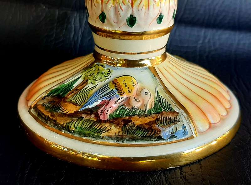 RARE CAPODIMONTE ITALY PEDESTAL DISH - HAND PAINTED, ORNATE DESIGN