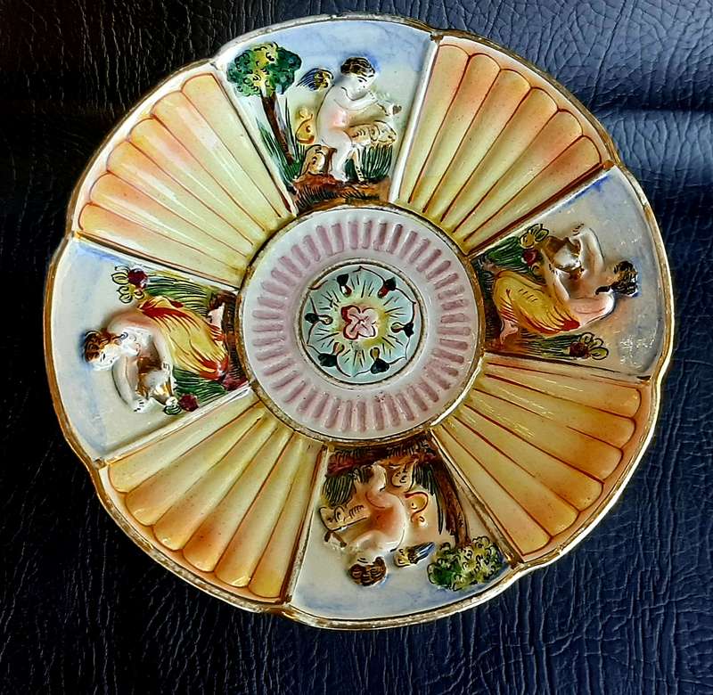 RARE CAPODIMONTE ITALY PEDESTAL DISH - HAND PAINTED, ORNATE DESIGN