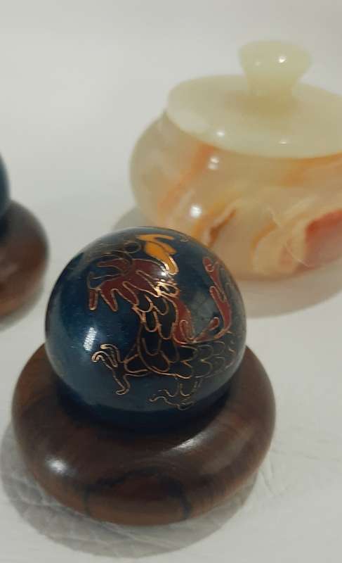 ORNATE BAODING BALLS & ALABASTER BOWL - ELEGANT COLLECTIBLE SET