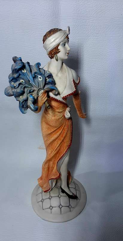 VINTAGE 43cm HAND PAINTED RESIN STATUE - EDWARDIAN ELEGANCE & FLORAL CHARM