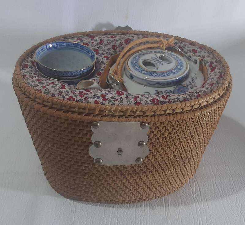 VINTAGE HAND-PAINTED CHINESE PORCELAIN TEA SET IN WOVEN BASKET - A TREASURE FROM TIME