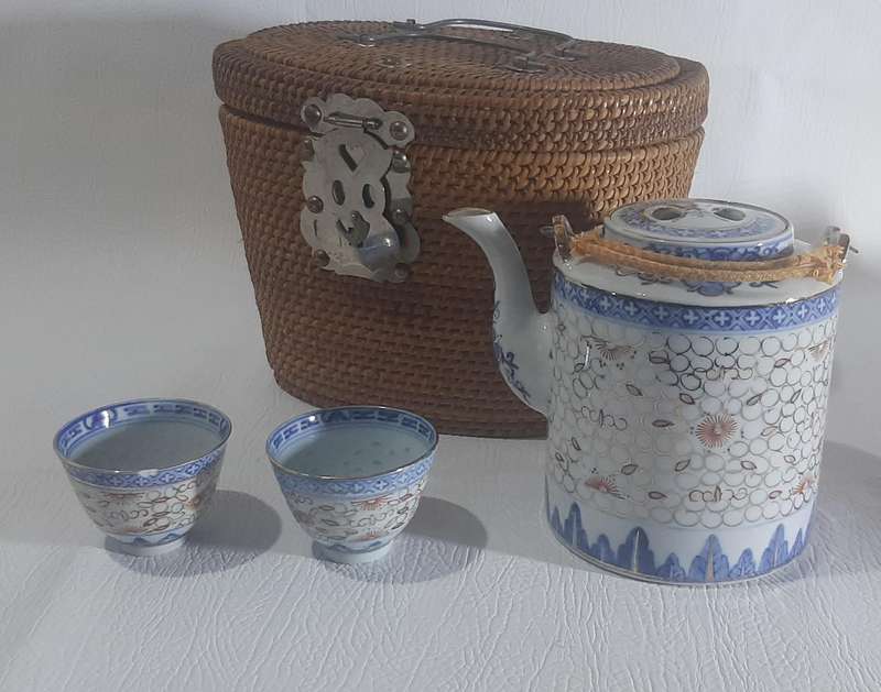 VINTAGE HAND-PAINTED CHINESE PORCELAIN TEA SET IN WOVEN BASKET - A TREASURE FROM TIME