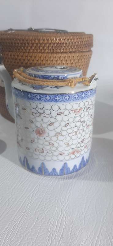 VINTAGE HAND-PAINTED CHINESE PORCELAIN TEA SET IN WOVEN BASKET - A TREASURE FROM TIME
