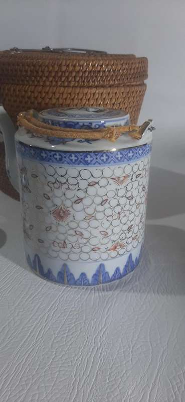 VINTAGE HAND-PAINTED CHINESE PORCELAIN TEA SET IN WOVEN BASKET - A TREASURE FROM TIME
