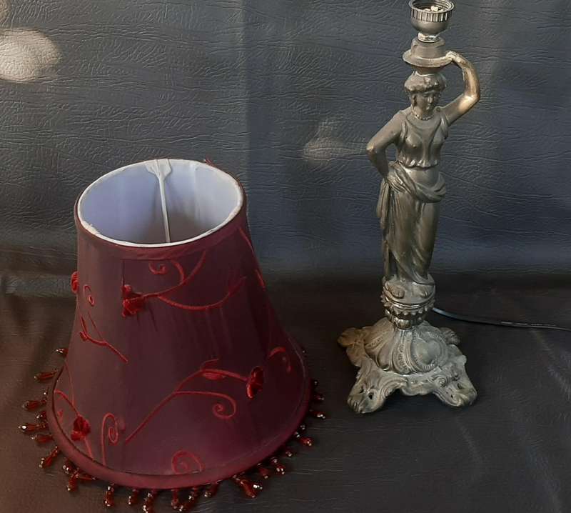 PEWTER STATUE LAMP WITH BURGUNDY SHADE  ELEGANT FUNCTIONAL ART
