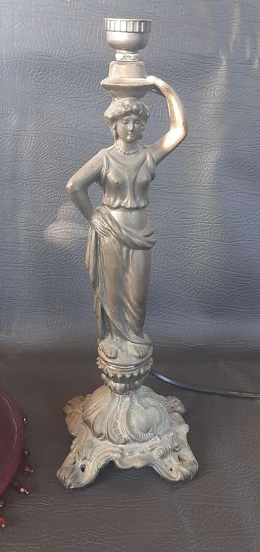 PEWTER STATUE LAMP WITH BURGUNDY SHADE  ELEGANT FUNCTIONAL ART