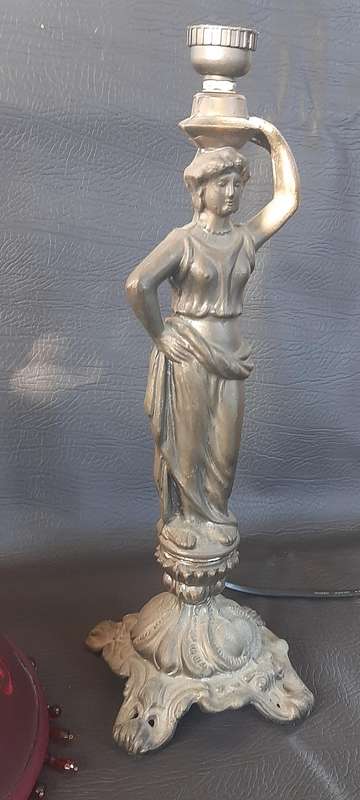 PEWTER STATUE LAMP WITH BURGUNDY SHADE  ELEGANT FUNCTIONAL ART