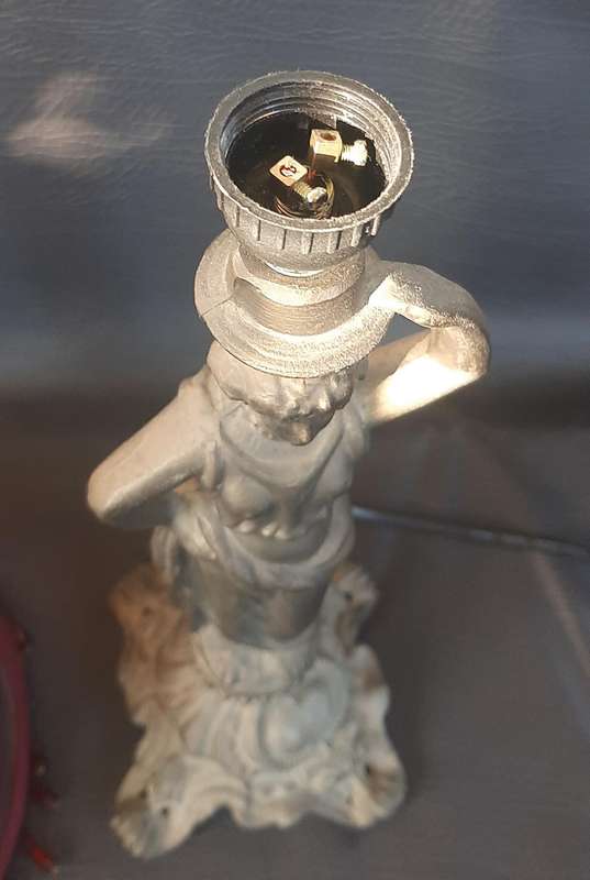 PEWTER STATUE LAMP WITH BURGUNDY SHADE  ELEGANT FUNCTIONAL ART