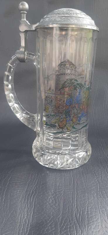 RASTAL 1990 GERMAN BEER STEIN  MEDIEVAL VILLAGE SCENE, ETCHED GLASS & PEWTER
