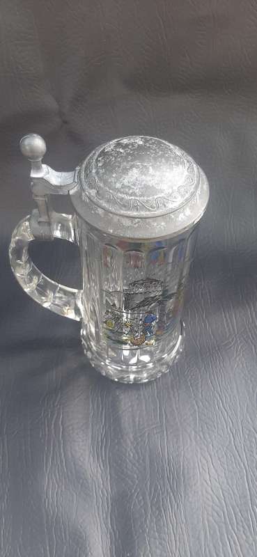 RASTAL 1990 GERMAN BEER STEIN  MEDIEVAL VILLAGE SCENE, ETCHED GLASS & PEWTER