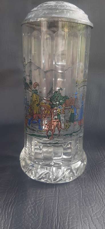 RASTAL 1990 GERMAN BEER STEIN  MEDIEVAL VILLAGE SCENE, ETCHED GLASS & PEWTER