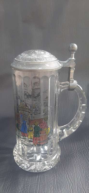 RASTAL 1990 GERMAN BEER STEIN  MEDIEVAL VILLAGE SCENE, ETCHED GLASS & PEWTER