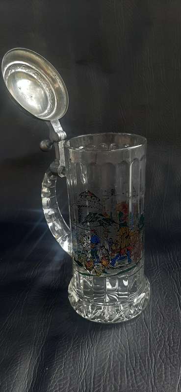 RASTAL 1990 GERMAN BEER STEIN  MEDIEVAL VILLAGE SCENE, ETCHED GLASS & PEWTER