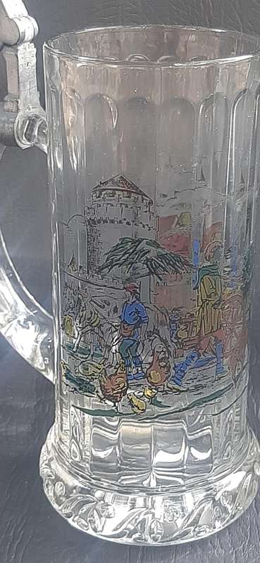 RASTAL 1990 GERMAN BEER STEIN  MEDIEVAL VILLAGE SCENE, ETCHED GLASS & PEWTER