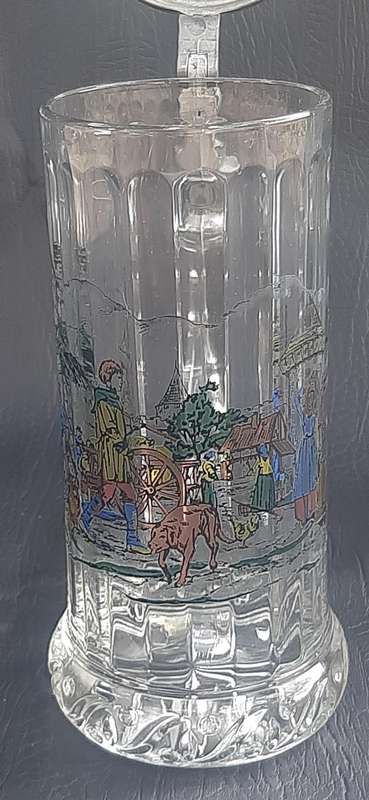 RASTAL 1990 GERMAN BEER STEIN  MEDIEVAL VILLAGE SCENE, ETCHED GLASS & PEWTER