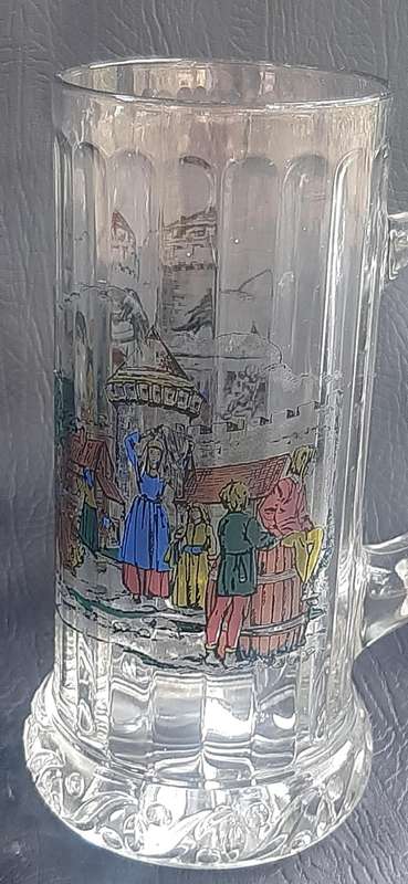 RASTAL 1990 GERMAN BEER STEIN  MEDIEVAL VILLAGE SCENE, ETCHED GLASS & PEWTER