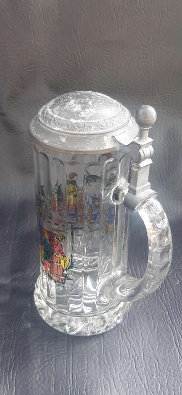 RASTAL 1990 GERMAN BEER STEIN  MEDIEVAL VILLAGE SCENE, ETCHED GLASS & PEWTER