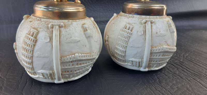 VINTAGE ITALIAN SALT & PEPPER DISPENSERS  BRASS & IVORINE WITH LANDMARK DEPICTIONS
