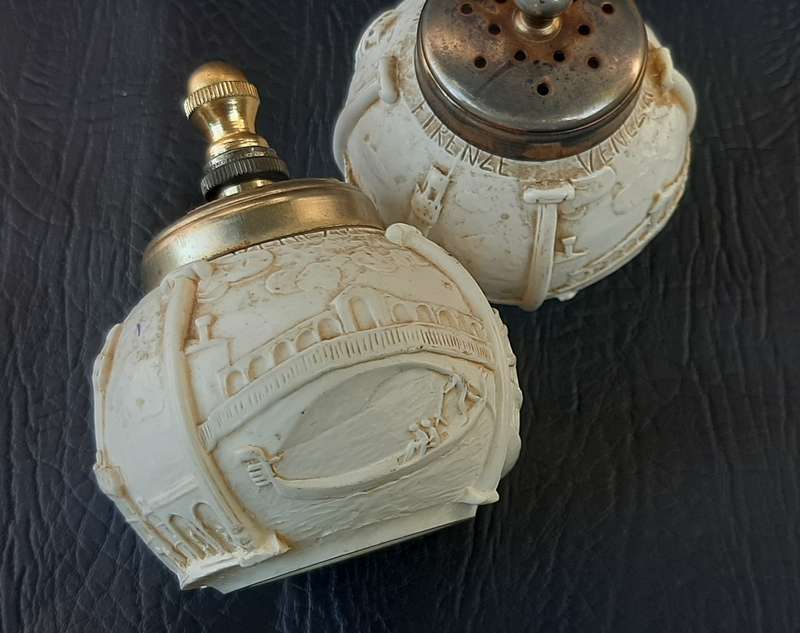 VINTAGE ITALIAN SALT & PEPPER DISPENSERS  BRASS & IVORINE WITH LANDMARK DEPICTIONS