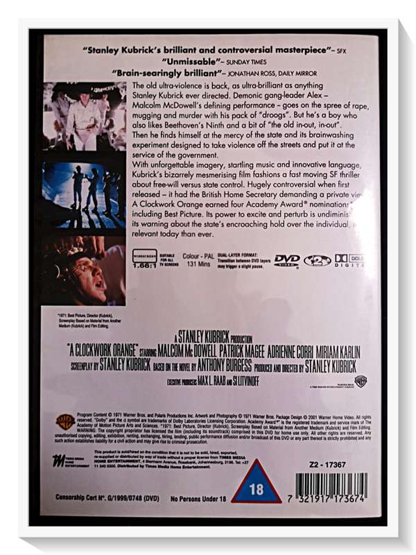 A Clockwork Orange by Stanley Kubrick - A Masterpiece - 2-18SVL - Casing and Disc in Excellent Cond