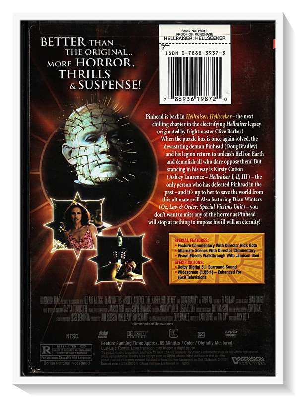Hellraiser - Hellseeker - Horror - PG18SVL - SPECIAL FEATURES - Sealed Unused Disc